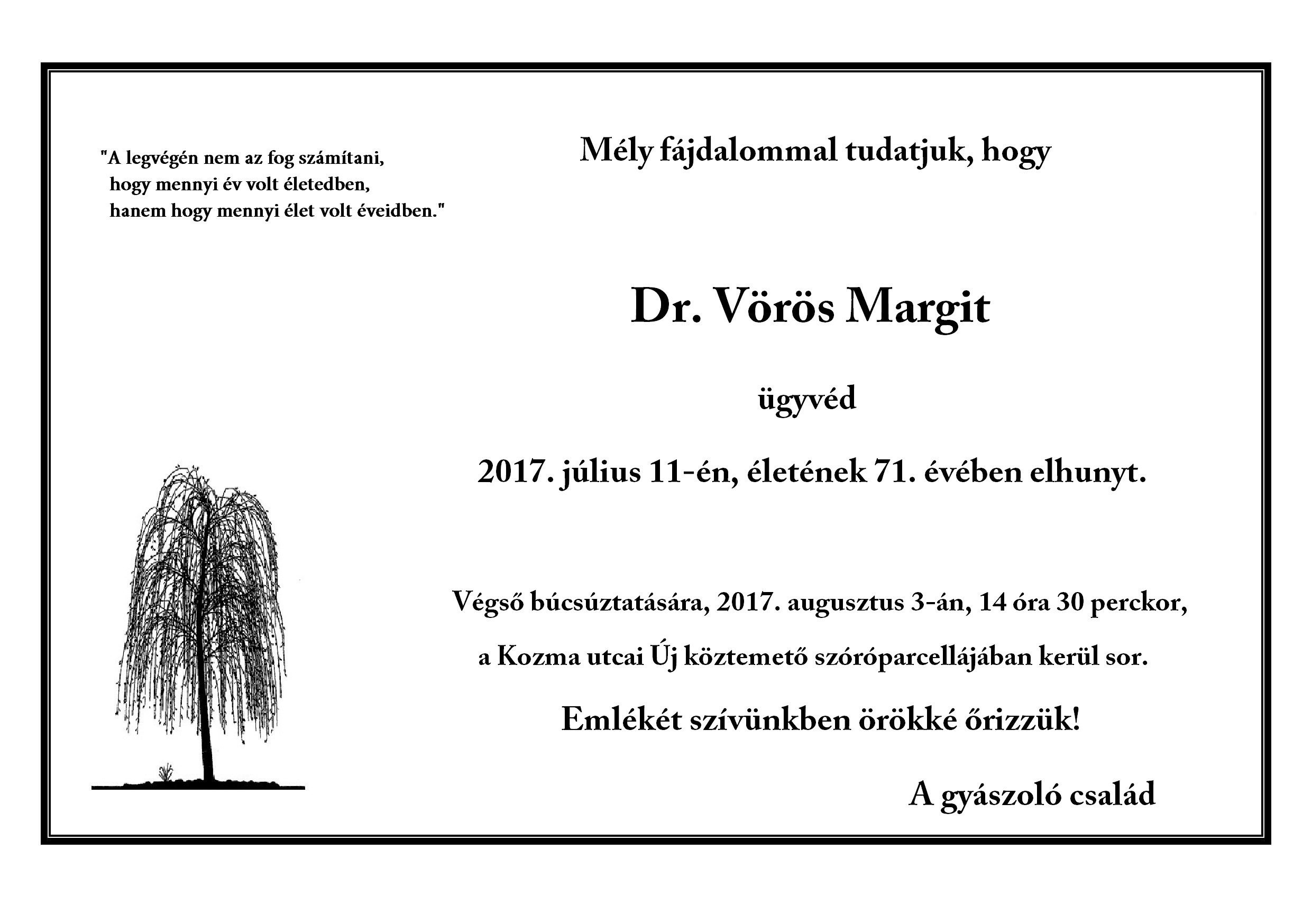 Dr. Vörös Margit gyászértesítője